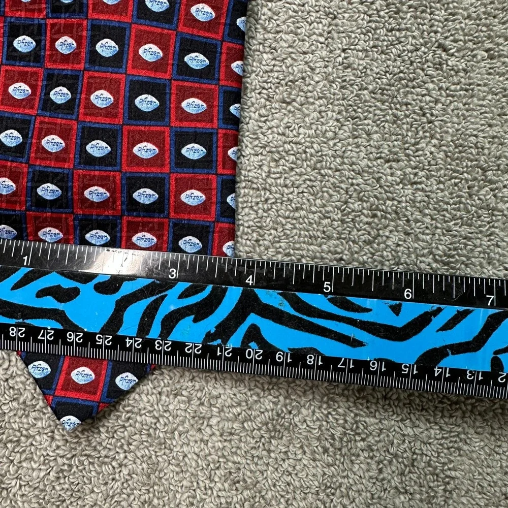 Pfizer Mens Silk Necktie Red Black Blue Geometric Logo Corporate Promo Tie